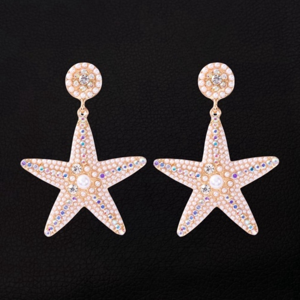 Starfish Summer Vacation Tropical Beach Gold Rhinestone Earrings